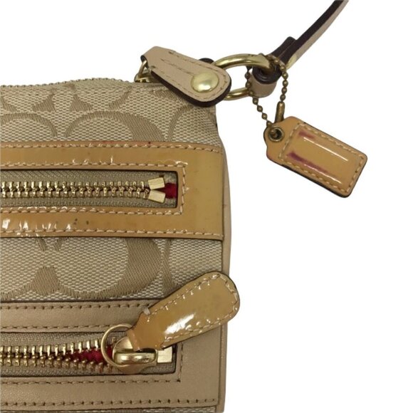 Coach Signature Jacquard Khaki Tan Crossbody bag long strap and Salmon lining - Picture 6 of 8